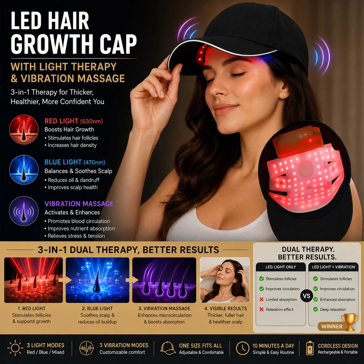 Redlumis Pro 210 — Red Light Therapy Hair Growth Cap |  210 LEDs | 470nm + 630nm + Infrared